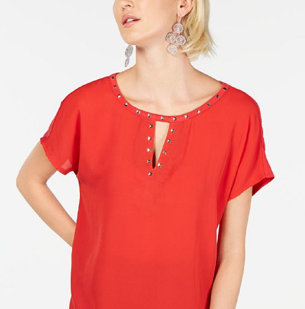 Blusa de malha com tachas e botões da INC International Concepts, vermelha, tamanho grande