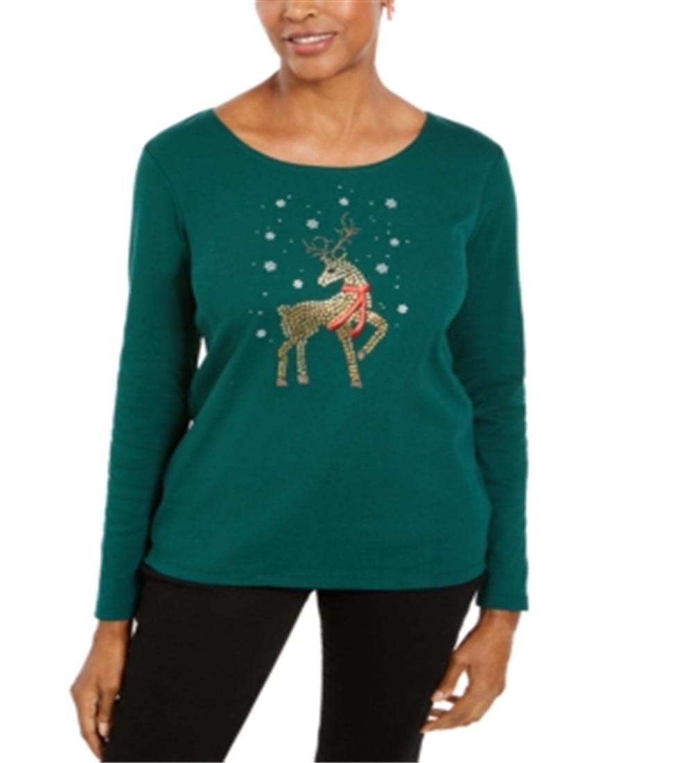 Camisa de Natal feminina Karen Scott com rena e strass, verde, tamanho X-S