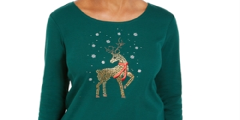 Camisa de Natal feminina Karen Scott com rena e strass, verde, tamanho X-S