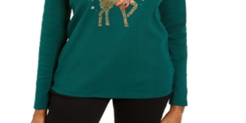 Camisa de Natal feminina Karen Scott com rena e strass, verde, tamanho X-S