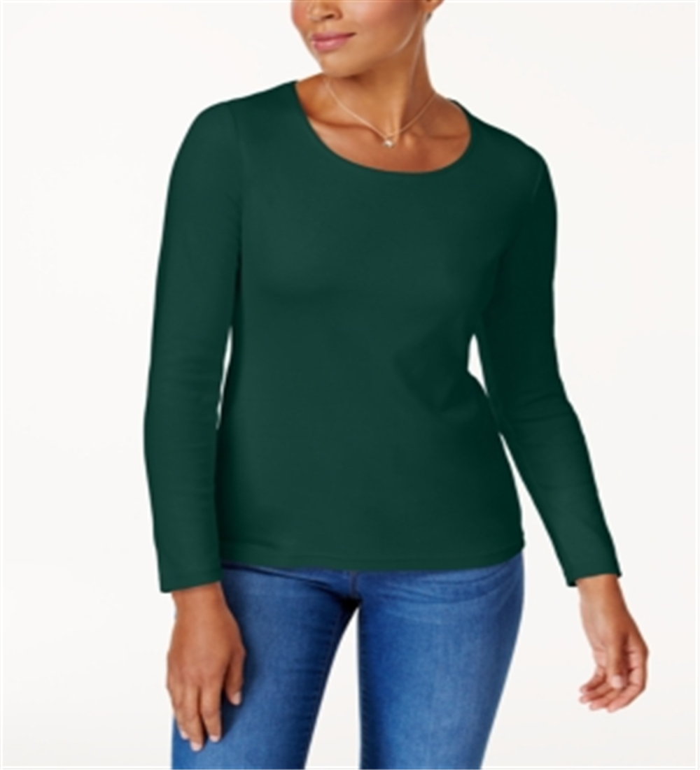 Karen Scott Blusa de algodão feminina com decote redondo, verde, tamanho extragrande