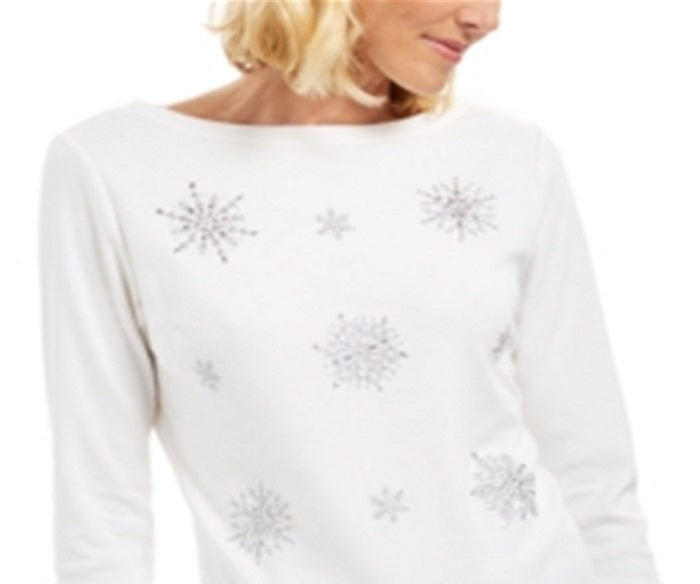 Blusa feminina Karen Scott com floco de neve e detalhes em branco, tamanho grande
