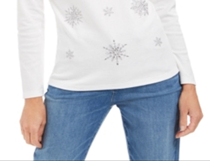Blusa feminina Karen Scott com floco de neve e detalhes em branco, tamanho grande