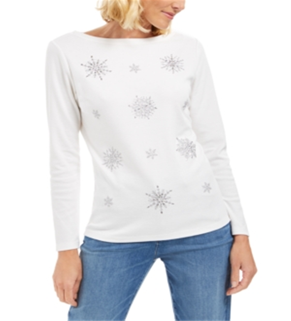 Blusa feminina Karen Scott com floco de neve e detalhes em branco, tamanho grande