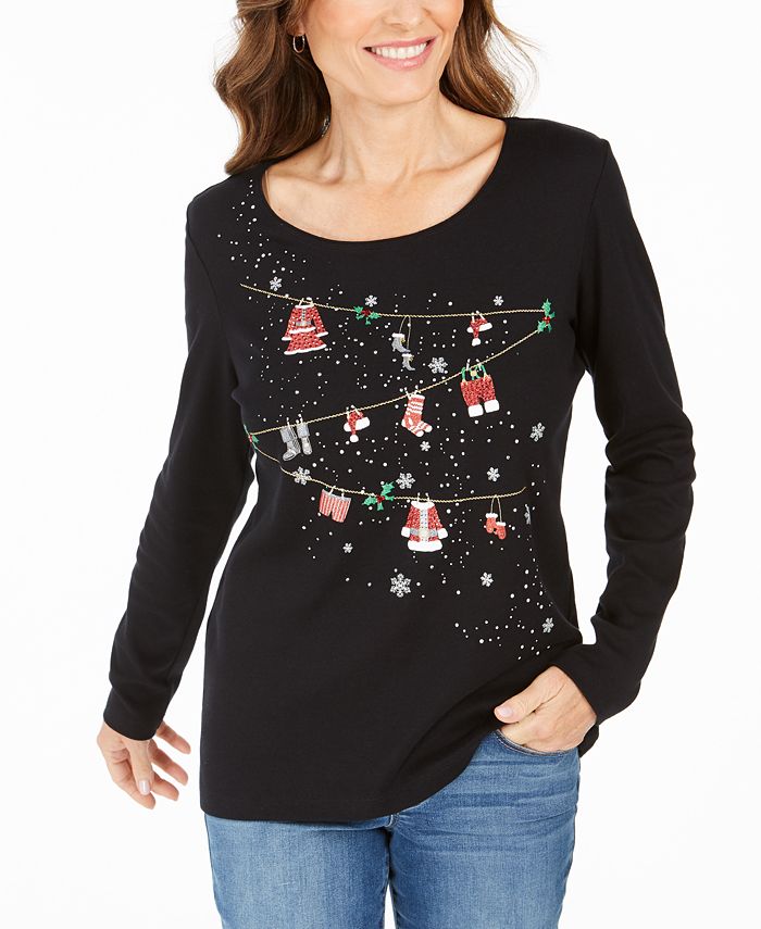 Karen Scott Top de algodão com detalhes femininos, preto, tamanho X-S