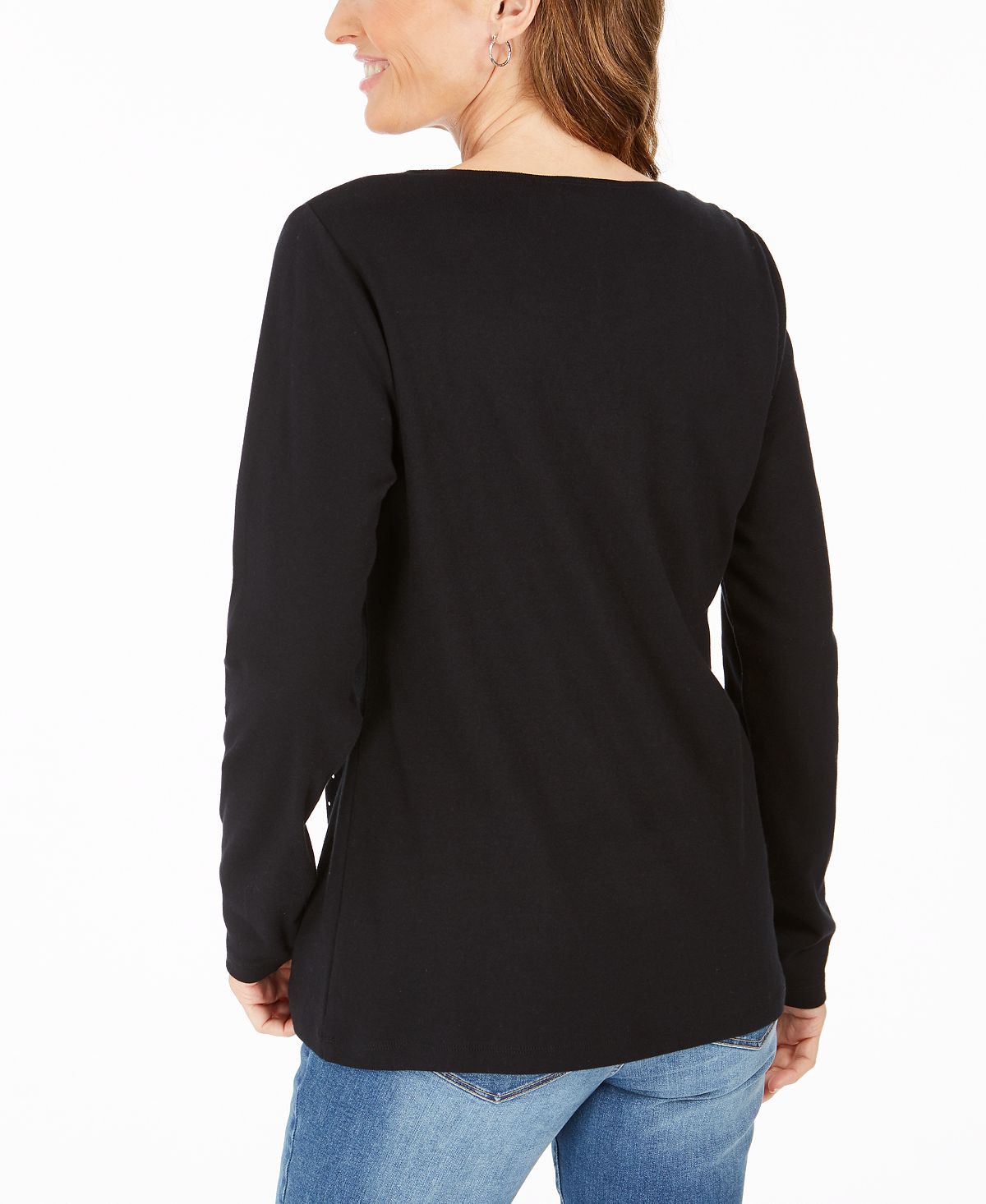 Karen Scott Top de algodão com detalhes femininos, preto, tamanho X-S