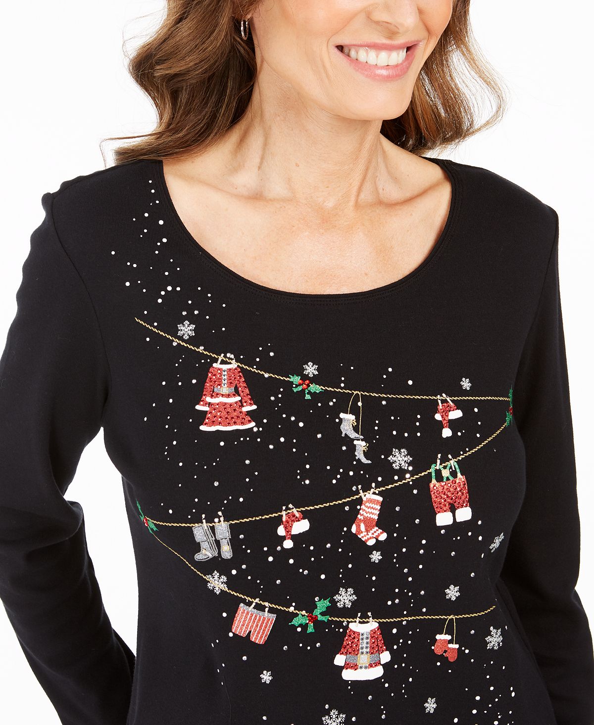Karen Scott Top de algodão com detalhes femininos, preto, tamanho X-S
