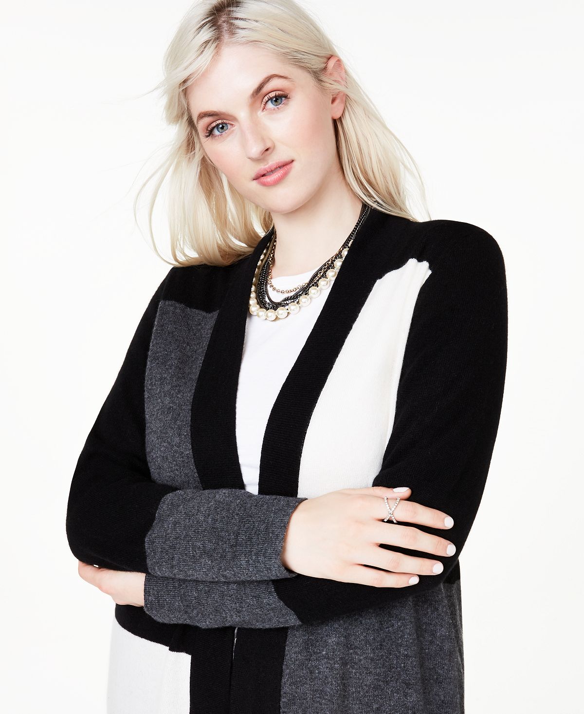 Cardigan feminino de cashmere plus size com blocos de cores Charter Club, preto, tamanho 3X