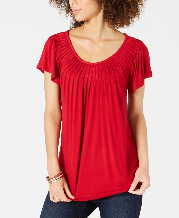 Top feminino com mangas bufantes e pregas Style &amp; Co, vermelho, tamanho pequeno