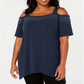 JM Collection Top feminino plus size com ombros descobertos e detalhes em azul, tamanho 2X