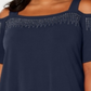 JM Collection Top feminino plus size com ombros descobertos e detalhes em azul, tamanho 2X