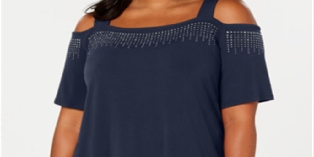JM Collection Top feminino plus size com ombros descobertos e detalhes em azul, tamanho 2X