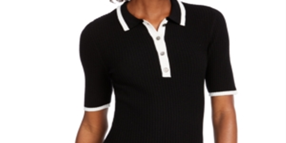 Blusa feminina Maison Jules com botões e gola, manga curta, preta, tamanho grande