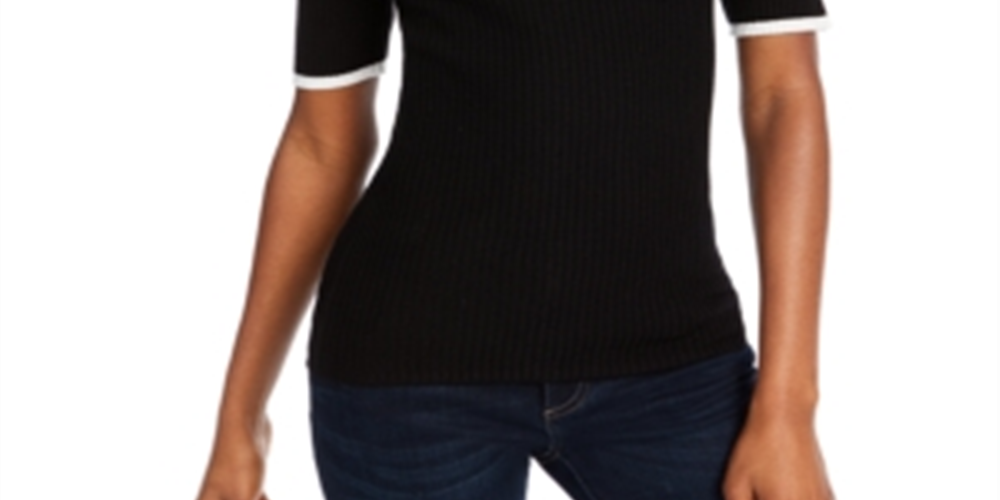 Blusa feminina Maison Jules com botões e gola, manga curta, preta, tamanho grande