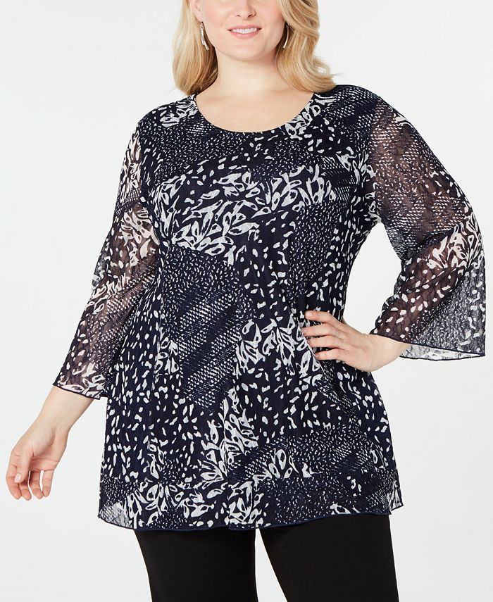 Túnica feminina estampada plus size renda azul JM Collection tamanho 0X