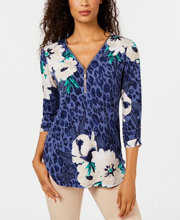 Túnica feminina estampada com zíper e gola alta, tamanho pequeno, azul, da coleção JM