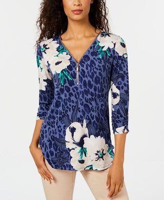 Túnica feminina estampada com zíper e gola alta, tamanho pequeno, azul, da coleção JM