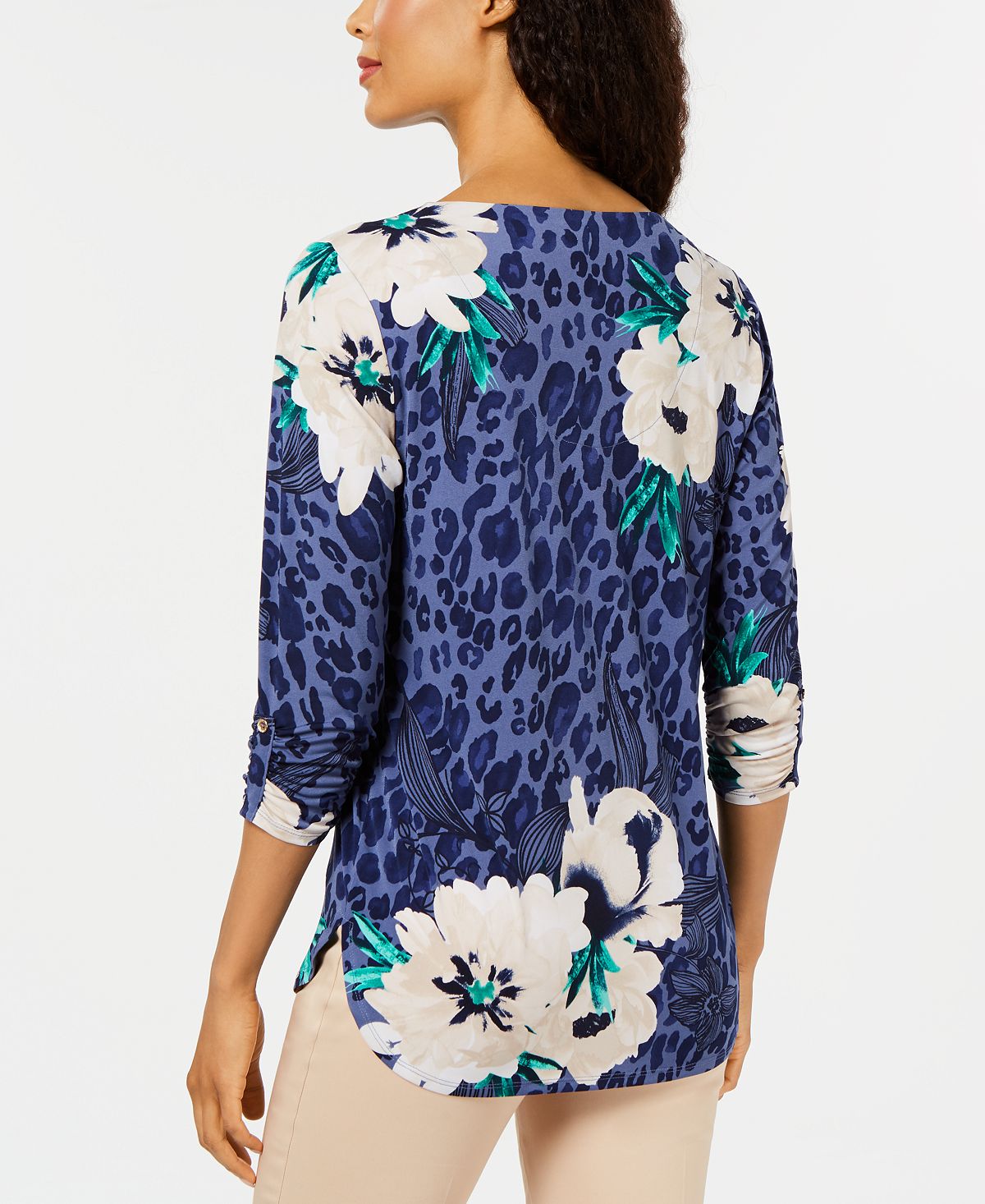 Túnica feminina estampada com zíper e gola alta, tamanho pequeno, azul, da coleção JM