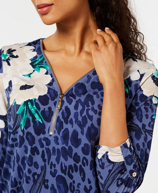 Túnica feminina estampada com zíper e gola alta, tamanho pequeno, azul, da coleção JM
