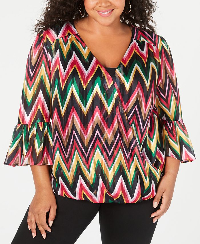 INC International Concepts Blusa formal feminina Chevron com manga sino e decote em V, rosa, tamanho 3X