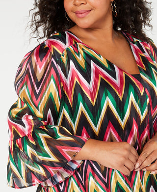 INC International Concepts Blusa formal feminina Chevron com manga sino e decote em V, rosa, tamanho 3X