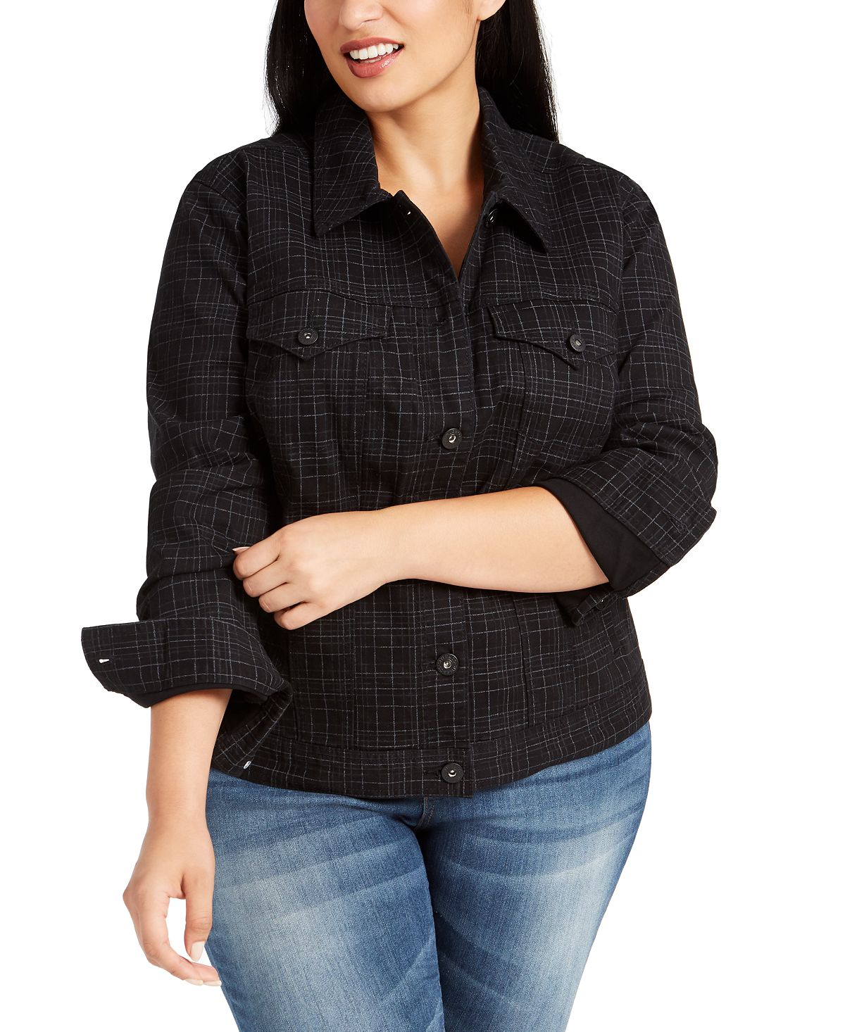 Jaqueta jeans xadrez feminina Style &amp; Co, preta, tamanho 18W