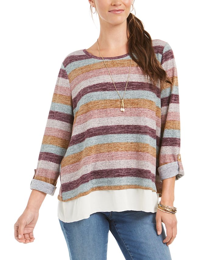 Suéter listrado em camadas feminino Style &amp; Co, roxo, tamanho pequeno M