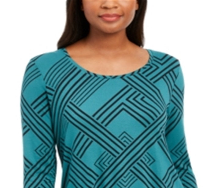 JM Collection Blusa feminina estampada com manga 3/4 verde tamanho pequeno P
