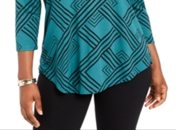 JM Collection Blusa feminina estampada com manga 3/4 verde tamanho pequeno P