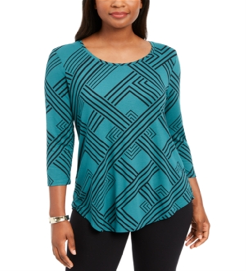 JM Collection Blusa feminina estampada com manga 3/4 verde tamanho pequeno P