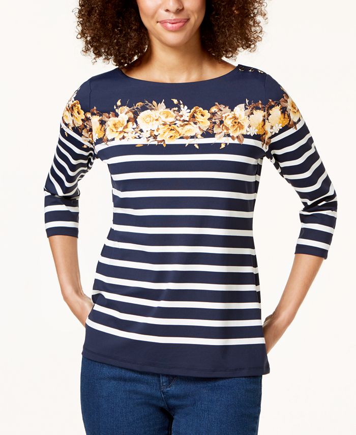 Charter Club Blusa feminina listrada com manga 3/4 e decote canoa, preta, tamanho grande