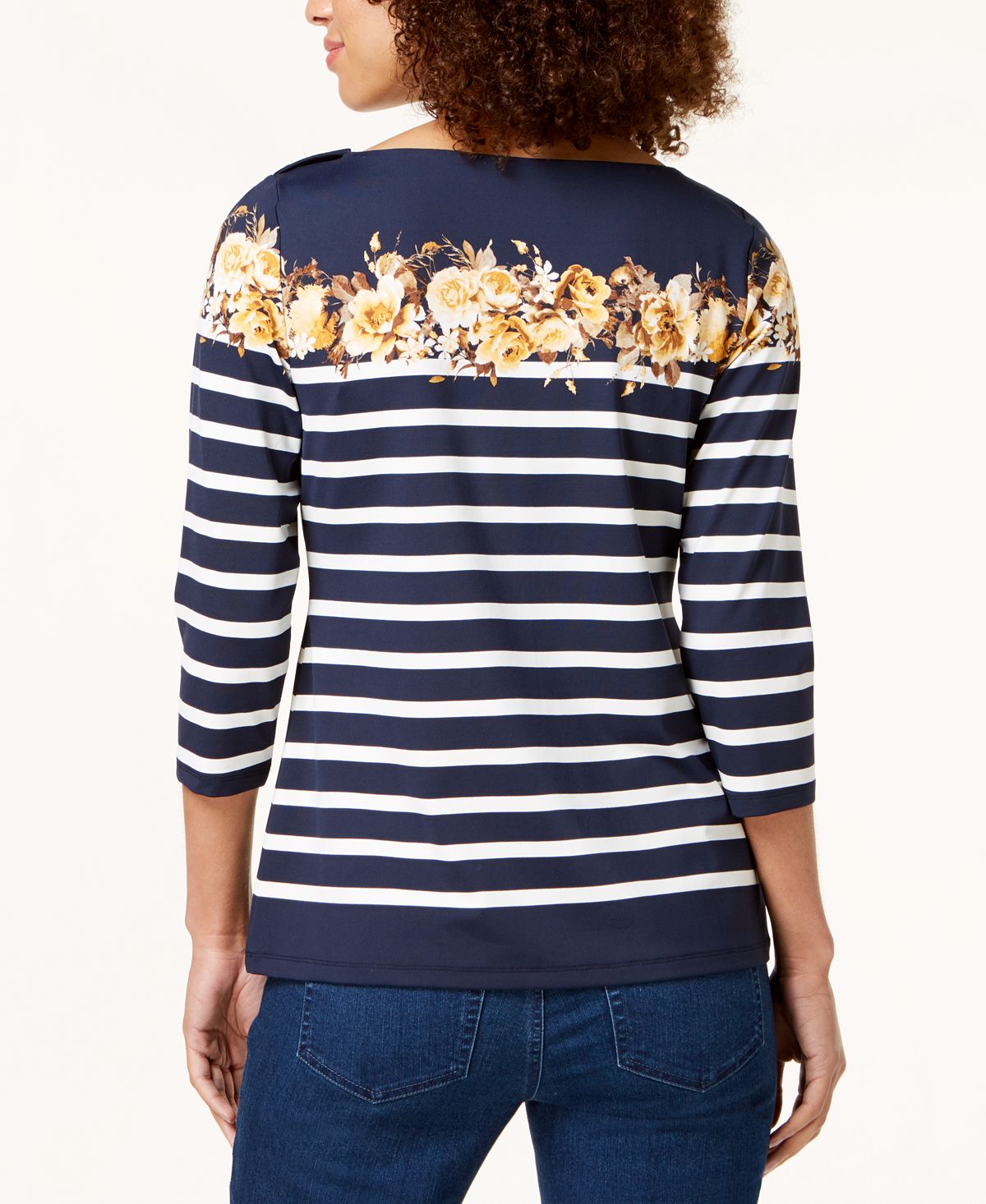 Charter Club Blusa feminina listrada com manga 3/4 e decote canoa, preta, tamanho grande