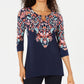JM Collection Top feminino com estampa e manga 3/4, azul, tamanho X-S