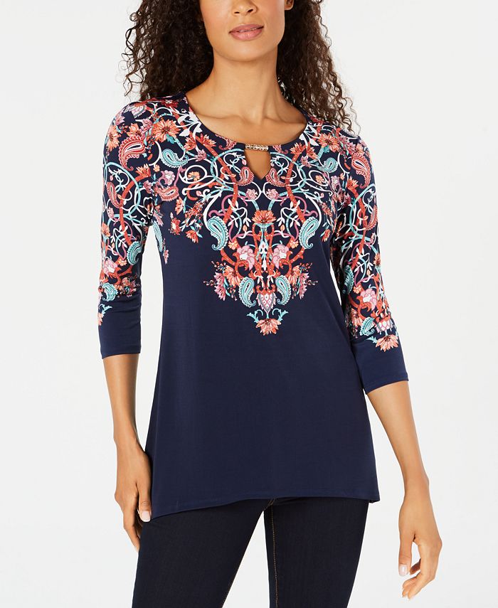 JM Collection Top feminino com estampa e manga 3/4, azul, tamanho X-S