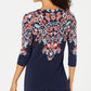 JM Collection Top feminino com estampa e manga 3/4, azul, tamanho X-S