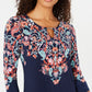 JM Collection Top feminino com estampa e manga 3/4, azul, tamanho X-S