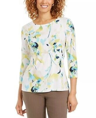 JM Collection Top Feminino Manga 3/4 Estampado Jacquard Verde Tamanho XX-Grande
