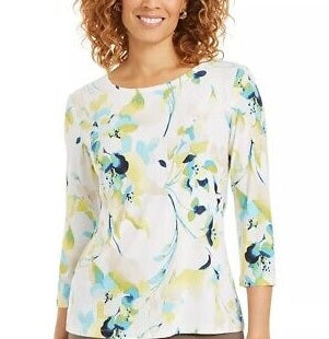 JM Collection Top Feminino Manga 3/4 Estampado Jacquard Verde Tamanho XX-Grande