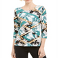 JM Collection Blusa feminina estampada com manga 3/4 em jacquard, verde, tamanho XX-G
