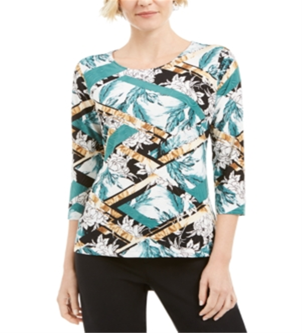 JM Collection Blusa feminina estampada com manga 3/4 em jacquard, verde, tamanho XX-G
