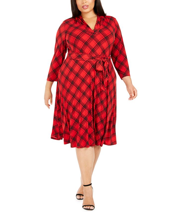 Vestido feminino plus size xadrez com decote em V, vermelho, tamanho 0X, da Charter Club