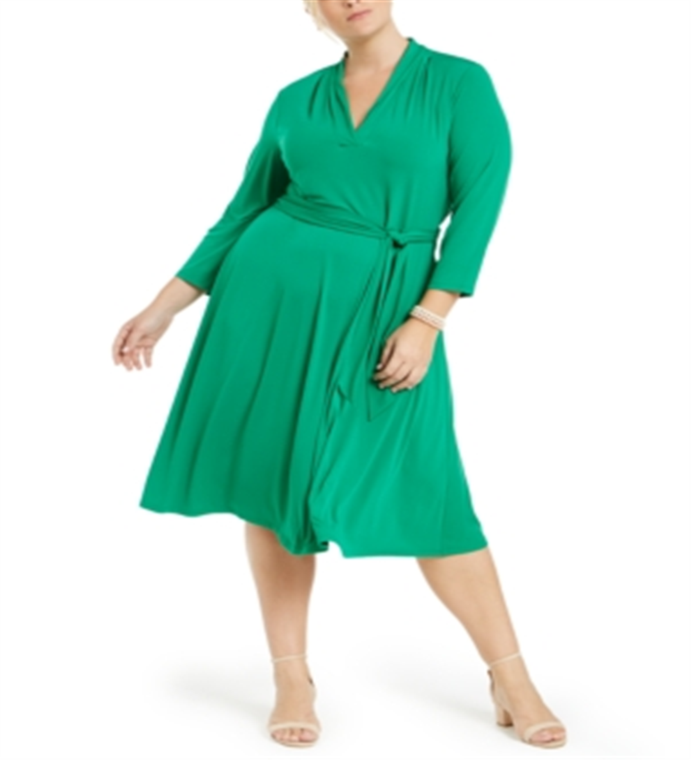 Vestido feminino com decote em V e cinto, tamanho 2X, verde, Charter Club