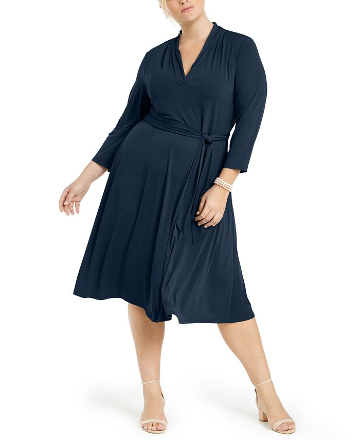 Vestido feminino com decote em V e cinto, azul, tamanho 4X