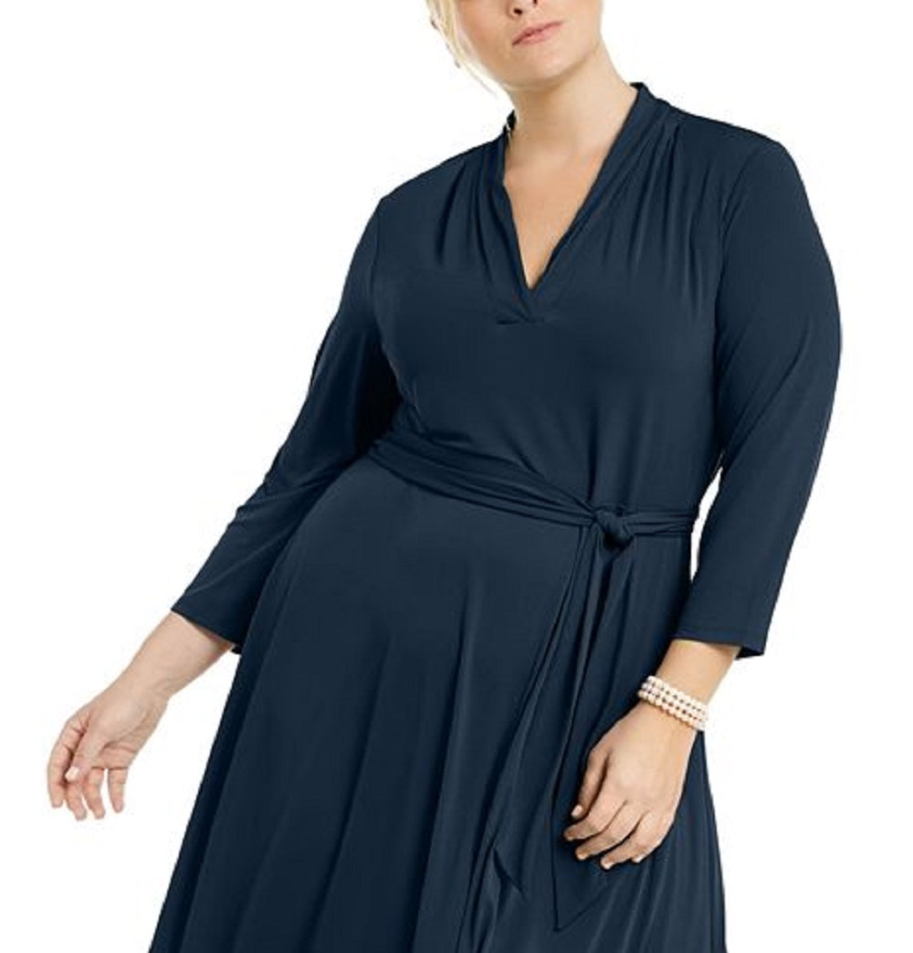 Vestido feminino com decote em V e cinto, azul, tamanho 4X