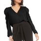 Blusa feminina Bar III de manga comprida e decote em V, preta, tamanho grande