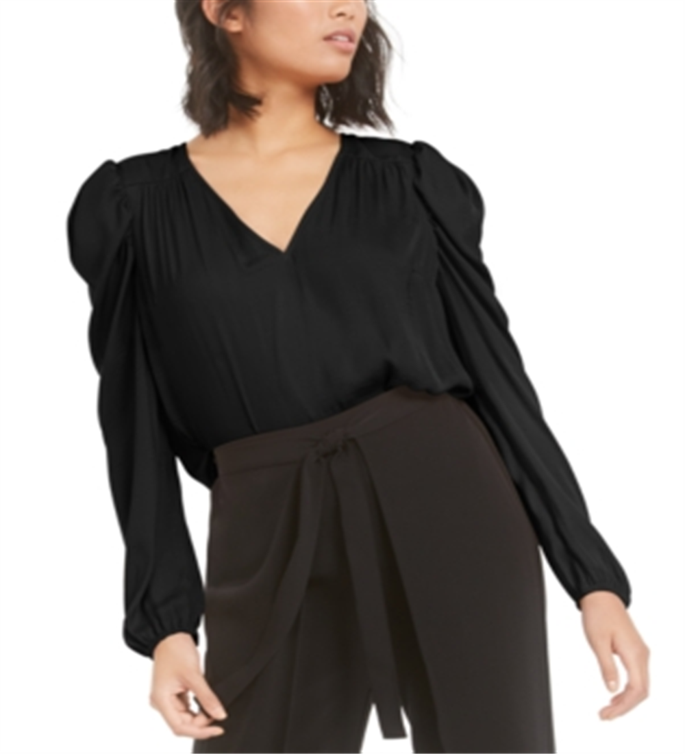 Blusa feminina Bar III de manga comprida e decote em V, preta, tamanho grande