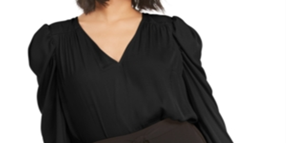 Blusa feminina Bar III de manga comprida e decote em V, preta, tamanho grande