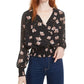 Blusa feminina Bar III com estampa floral, manga longa, gola V, preta, tamanho pequeno