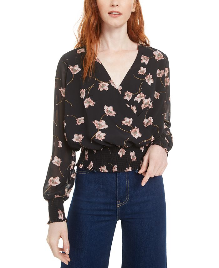 Blusa feminina Bar III com estampa floral, manga longa, gola V, preta, tamanho pequeno