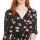 Blusa feminina Bar III com estampa floral, manga longa, gola V, preta, tamanho pequeno